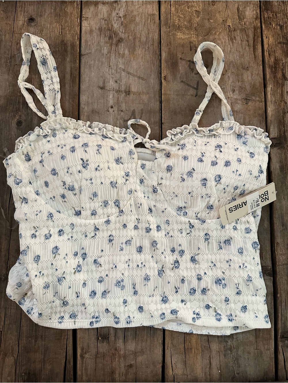 No Boundaries White Floral Smocked Cami with Blue Roses